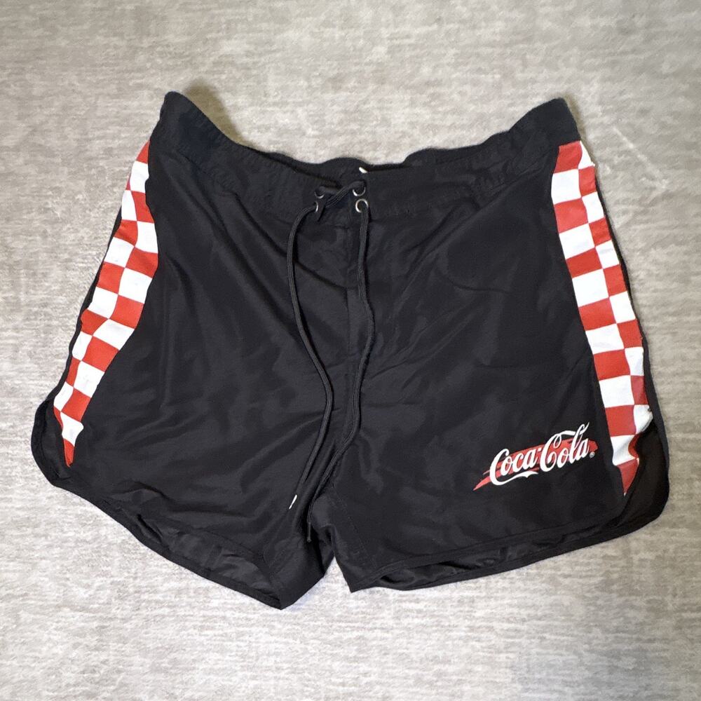Coca-Cola Black Shorts Red/White Checkered Side Stripe Coke Logo Soda Theme